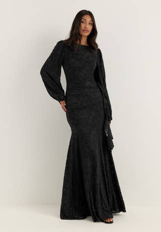 Balloon Sleeve Soft Jacquard Gown Black