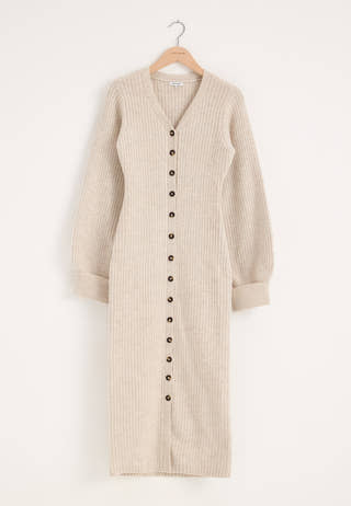 Knitted Volume Sleeve Cardigan Dress White