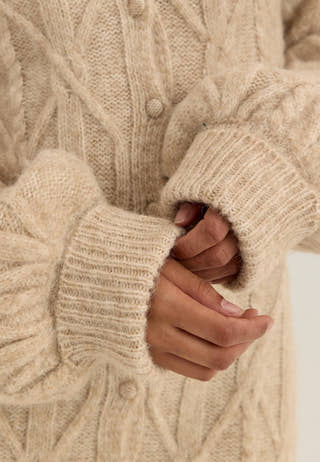 Cable Knitted Volume Sleeve Cardigan Dress Beige