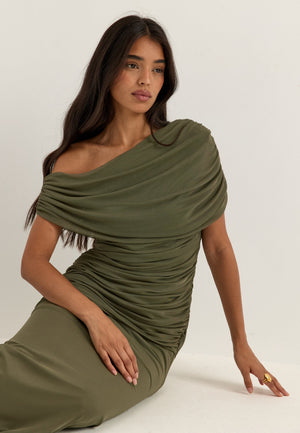 Off Shoulder Mesh Gown Green