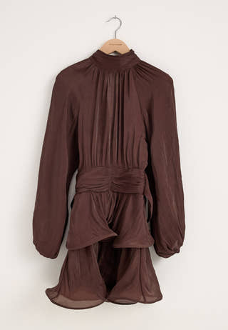 Balloon Sleeve Short Flounce Dress Brown