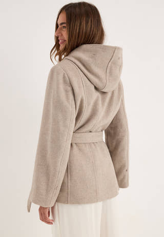 Hooded Wool Blend Coat Beige