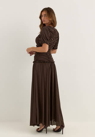 Draped Ruched Ankle Dress Brown