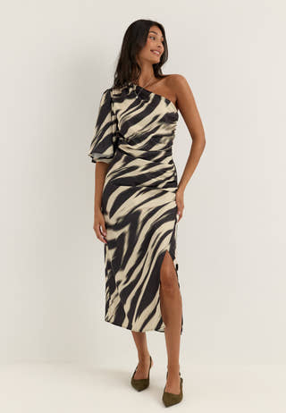 Ruched One Shoulder Satin Midi Dress Patterned