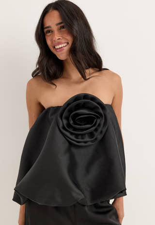 Rose Bubble-Hem Satin Mini Skirt/Top Black