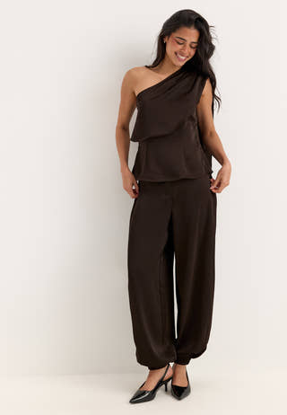 Satin One Shoulder Blouse Brown