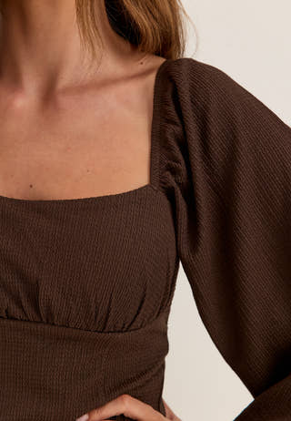 Square Neck Long Sleeve Top Brown