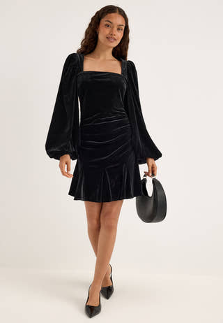 Flared Velvet Short Dress Black