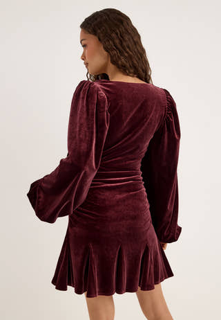 Flared Velvet Short Dress Red