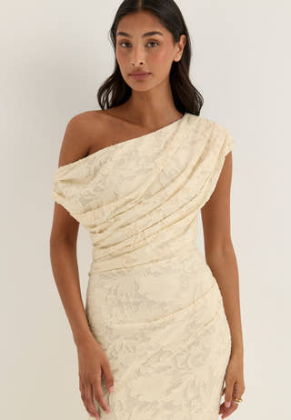 Asymmetric Draped Floral Burnout Maxi Dress