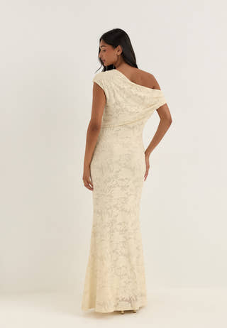 Asymmetric Draped Floral Burnout Maxi Dress