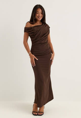 Asymmetric Draped Midi Dress Brown