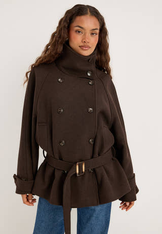 Dropped Waist Wool Blend Jacket Brown