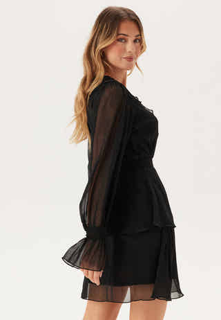 V-neck Frill L/S Chiffon Dress
