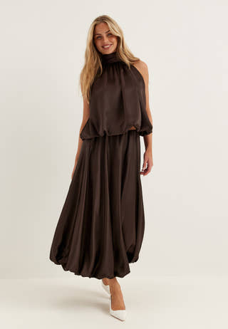 Bubble-Hem Satin Ankle Skirt
