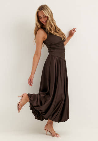 Bubble-Hem Satin Ankle Skirt