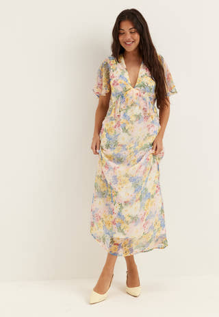 Butterfly Sleeve Chiffon Ankle Dress
