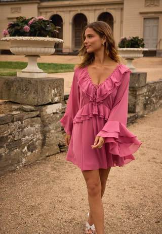 Trumpet Sleeve Frill Short Dress