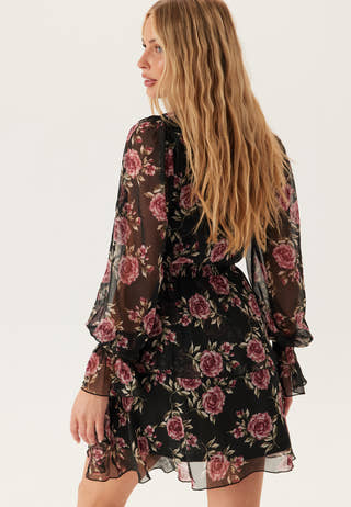 V-neck Frill L/S Chiffon Dress