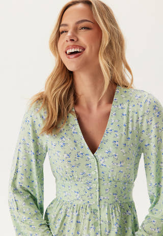 Soft Midi Button Volume Sleeve Dress