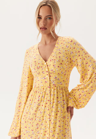 Soft Midi Button Volume Sleeve Dress