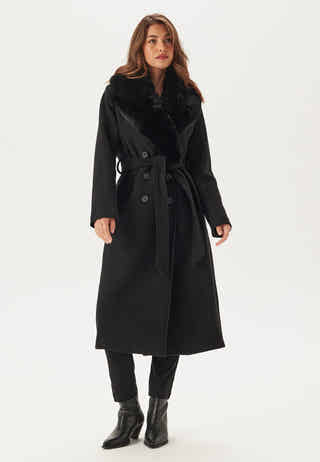 Fur Collar Belted Wool Blend Coat